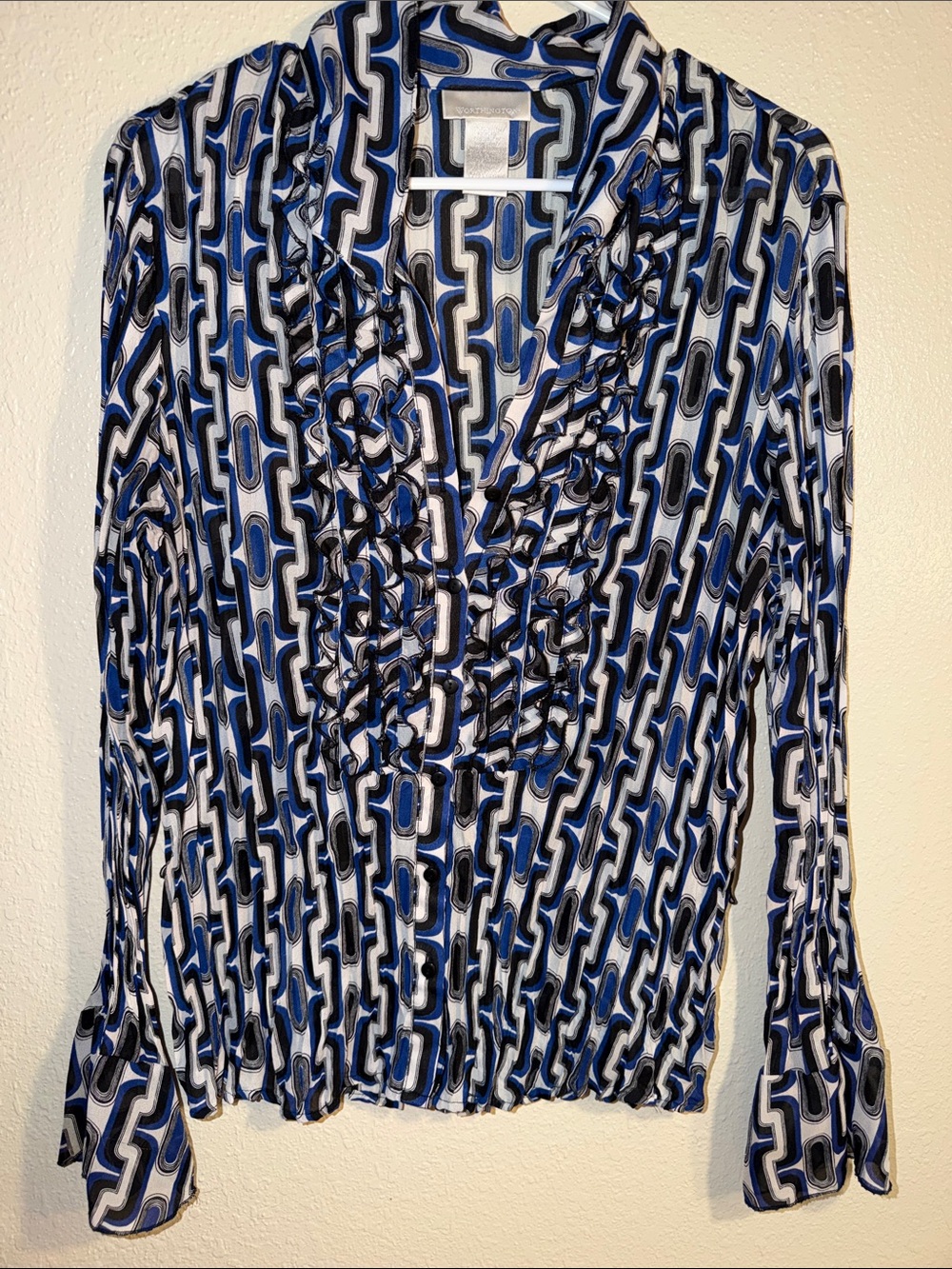 Ruffled V-Neck Long-Sleeve Top in Blue & Black Geometric Print XL Worthington